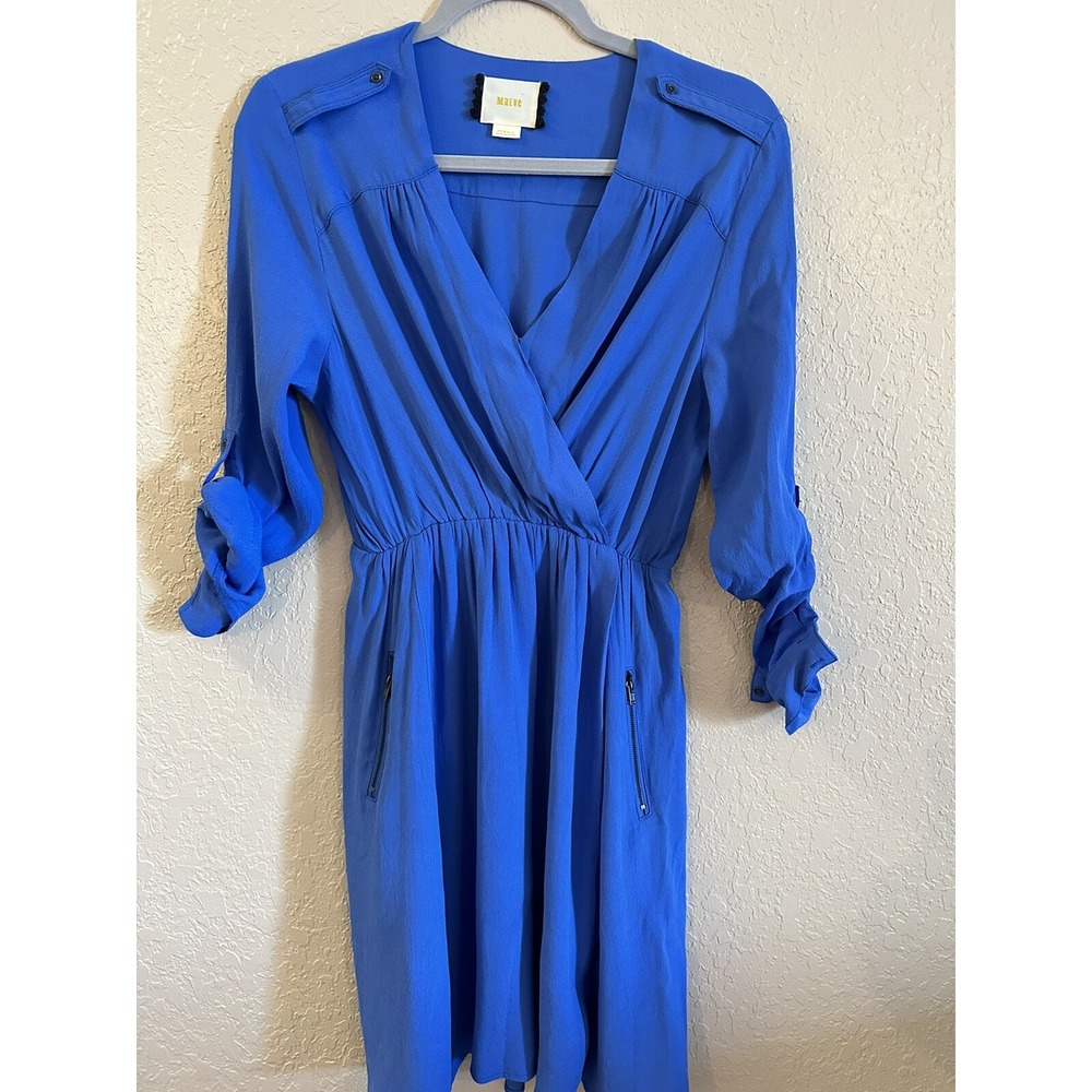 Maeve XS Blue Shirt Dress Faux Wrap Anthropologie adjustable sleeves pockets #11